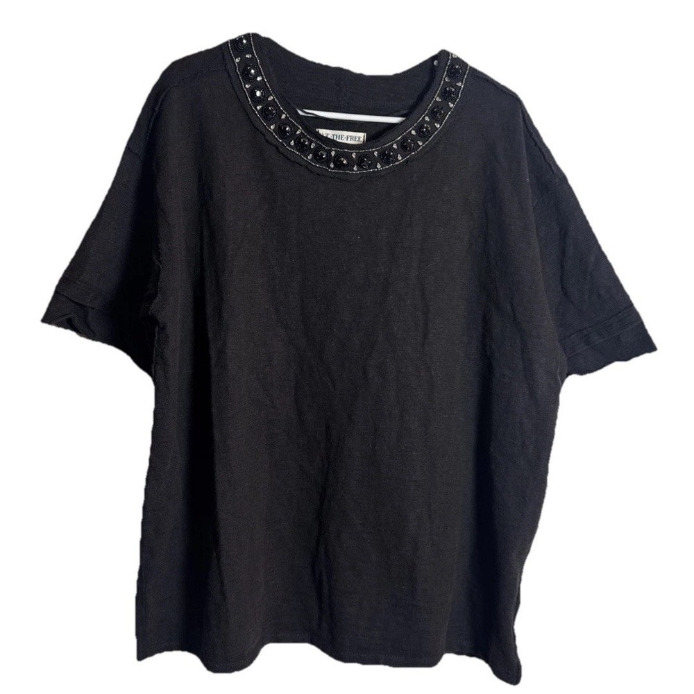 We The‎ Free Free People Black Beaded Neck Tee Shirt Top XS Cotton India Boho